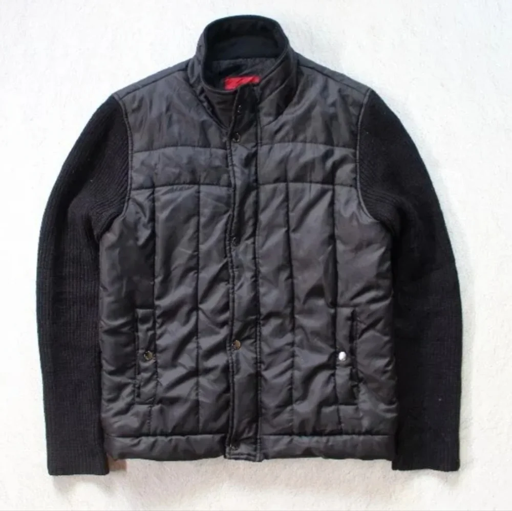 Zara Man Basic Black Quilted Puffer Jacket with Knit Sleeves